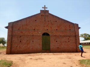 Church entrance, with cross on the roof